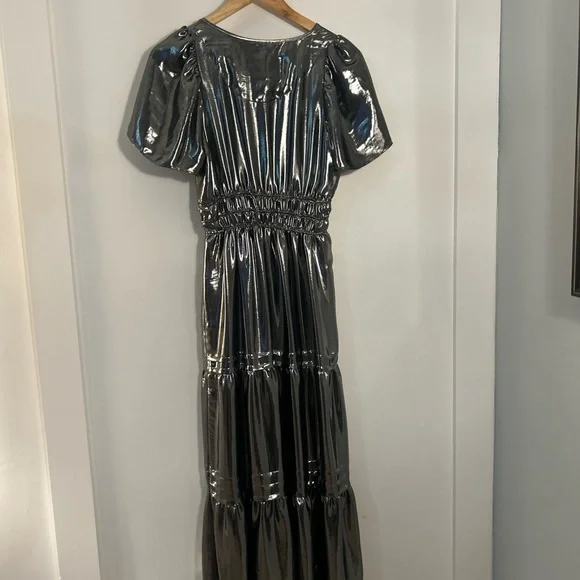 Anthropologie The Somerset Shimmering Metallic Silver Maxi Dress - Picture 10 of 16